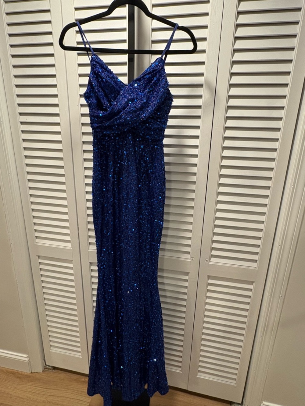 Sparkling Cobalt Sequin Spaghetti-Strap Prom Gown